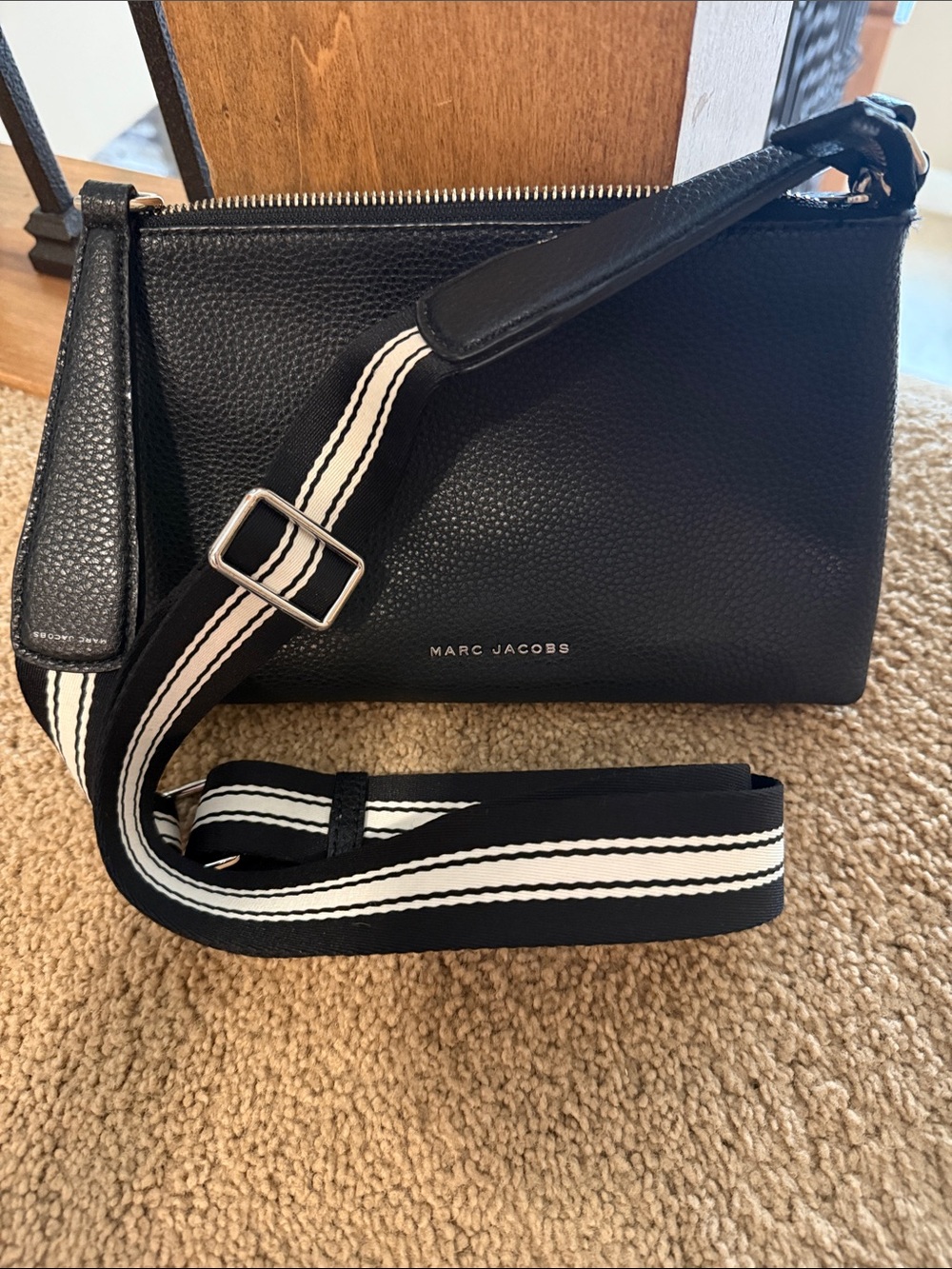 Marc Jacobs Black Pebbled Leather Crossbody with Black and White Strap